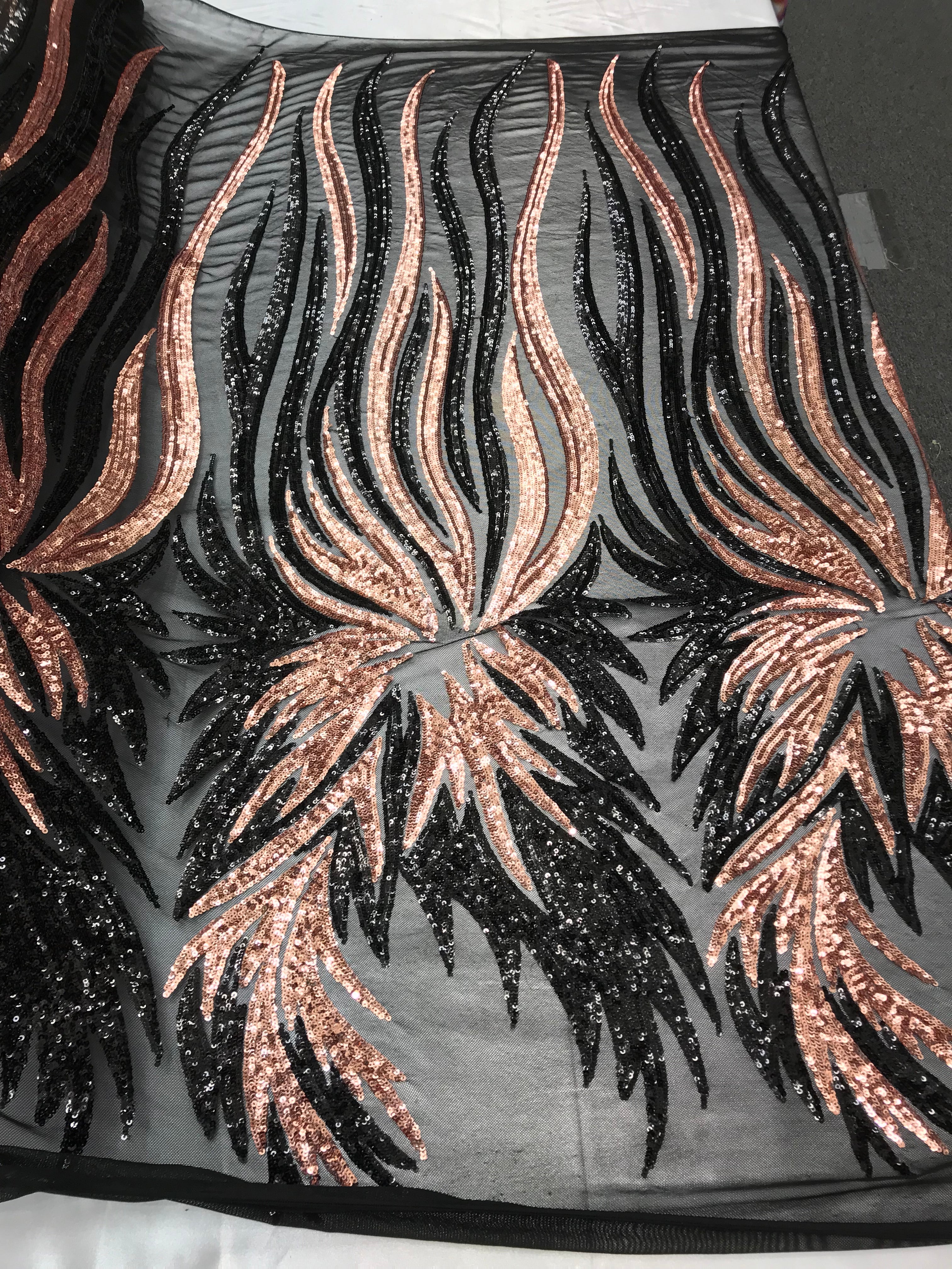 Two Tone - Black / Rose Gold -  4 Way Stretch Sequins Fabric Embroidered On Mesh Sold By Yard