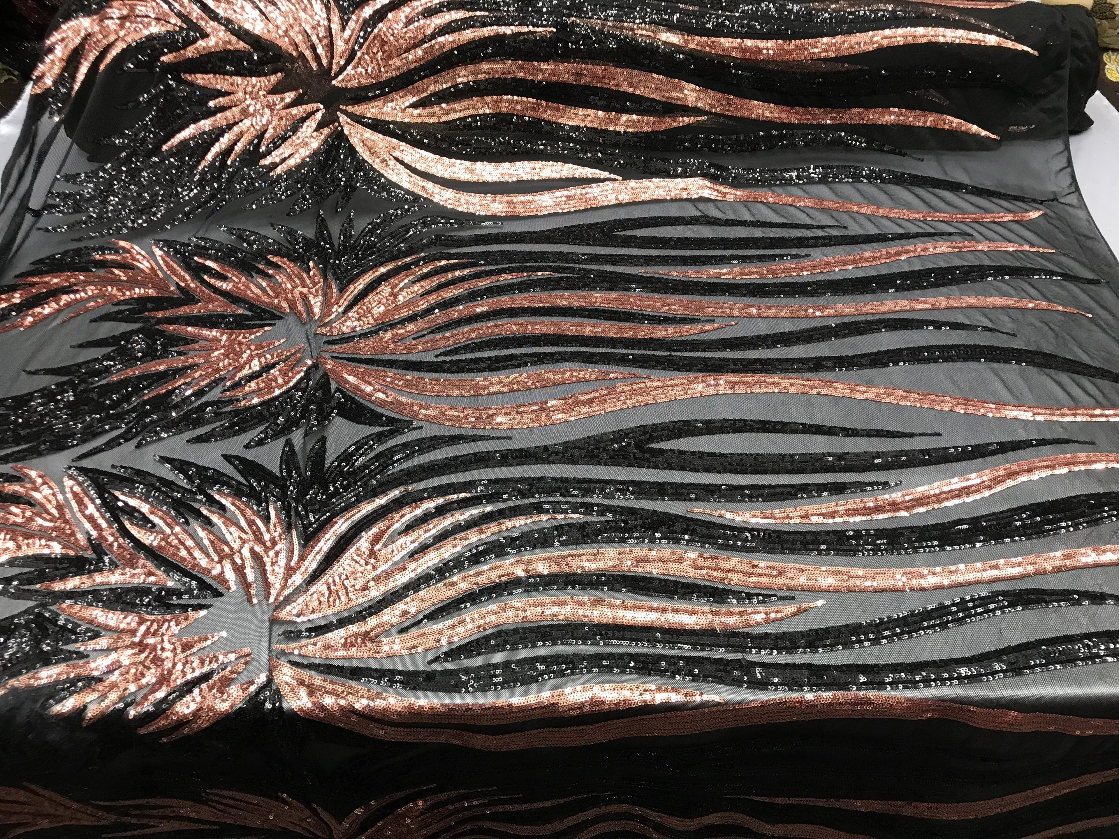 Two Tone - Black / Rose Gold -  4 Way Stretch Sequins Fabric Embroidered On Mesh Sold By Yard