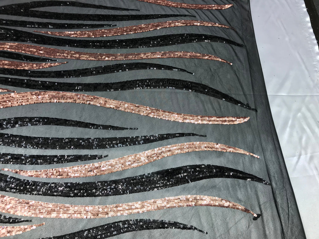 Two Tone - Black / Rose Gold -  4 Way Stretch Sequins Fabric Embroidered On Mesh Sold By Yard