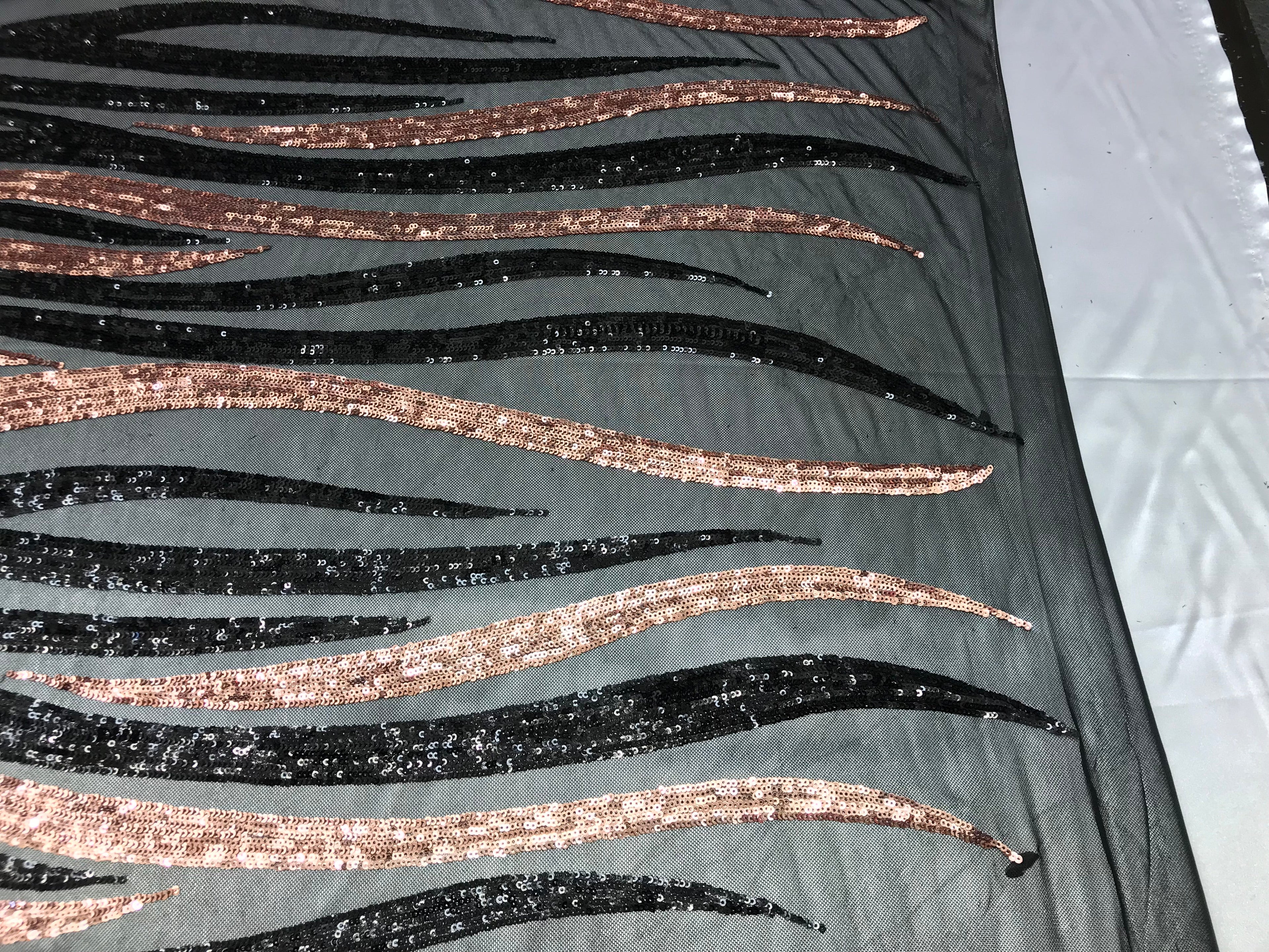 Two Tone - Black / Rose Gold -  4 Way Stretch Sequins Fabric Embroidered On Mesh Sold By Yard
