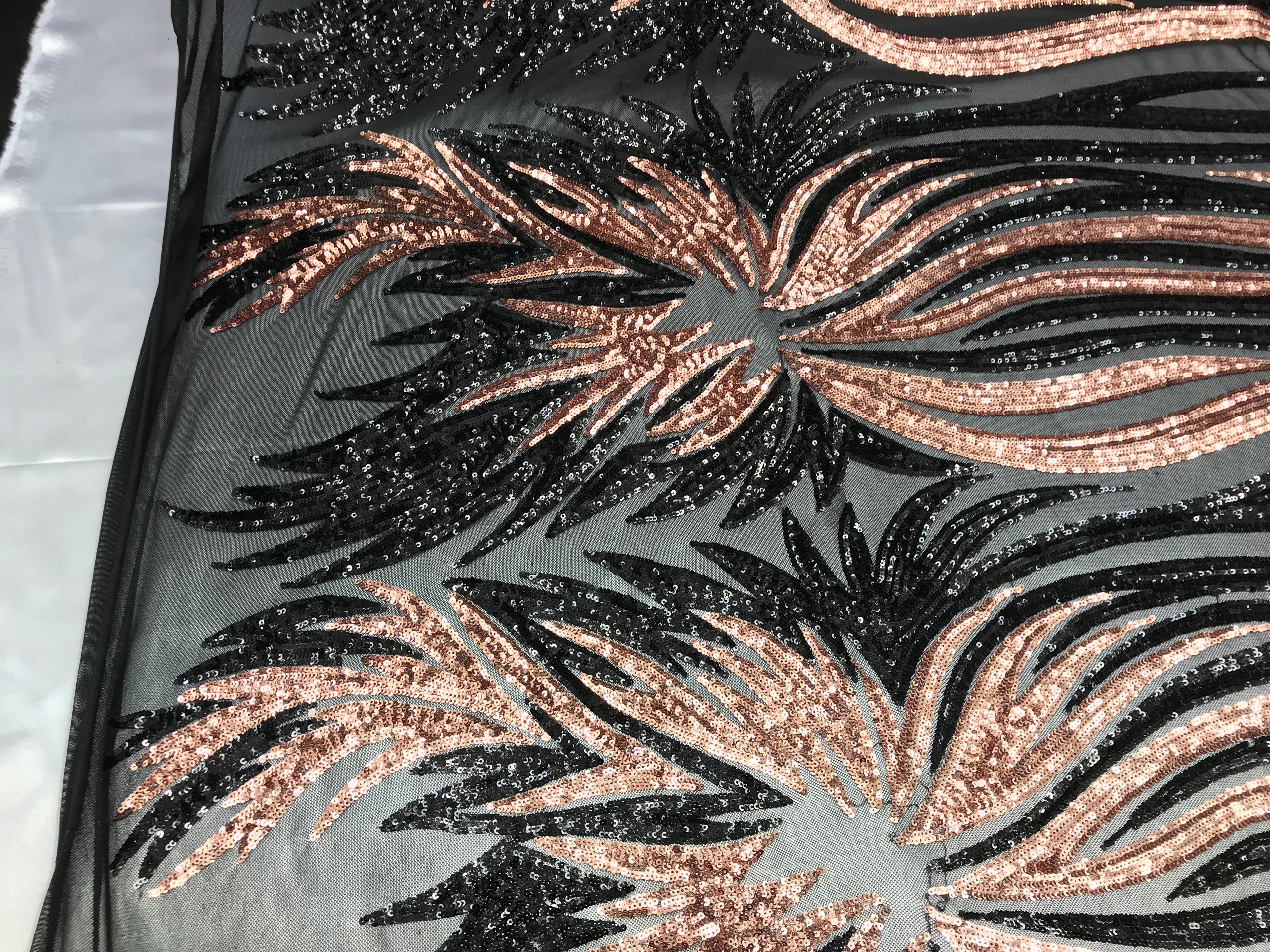 Two Tone - Black / Rose Gold -  4 Way Stretch Sequins Fabric Embroidered On Mesh Sold By Yard