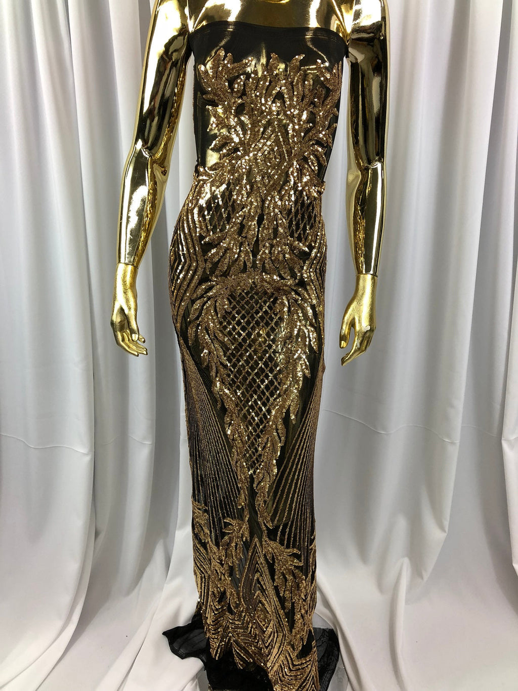 Sequins 4 Way Stretch Shiny Fabric with Triangle Net Pattern - Gold On Black Mesh - Sold by The Yard