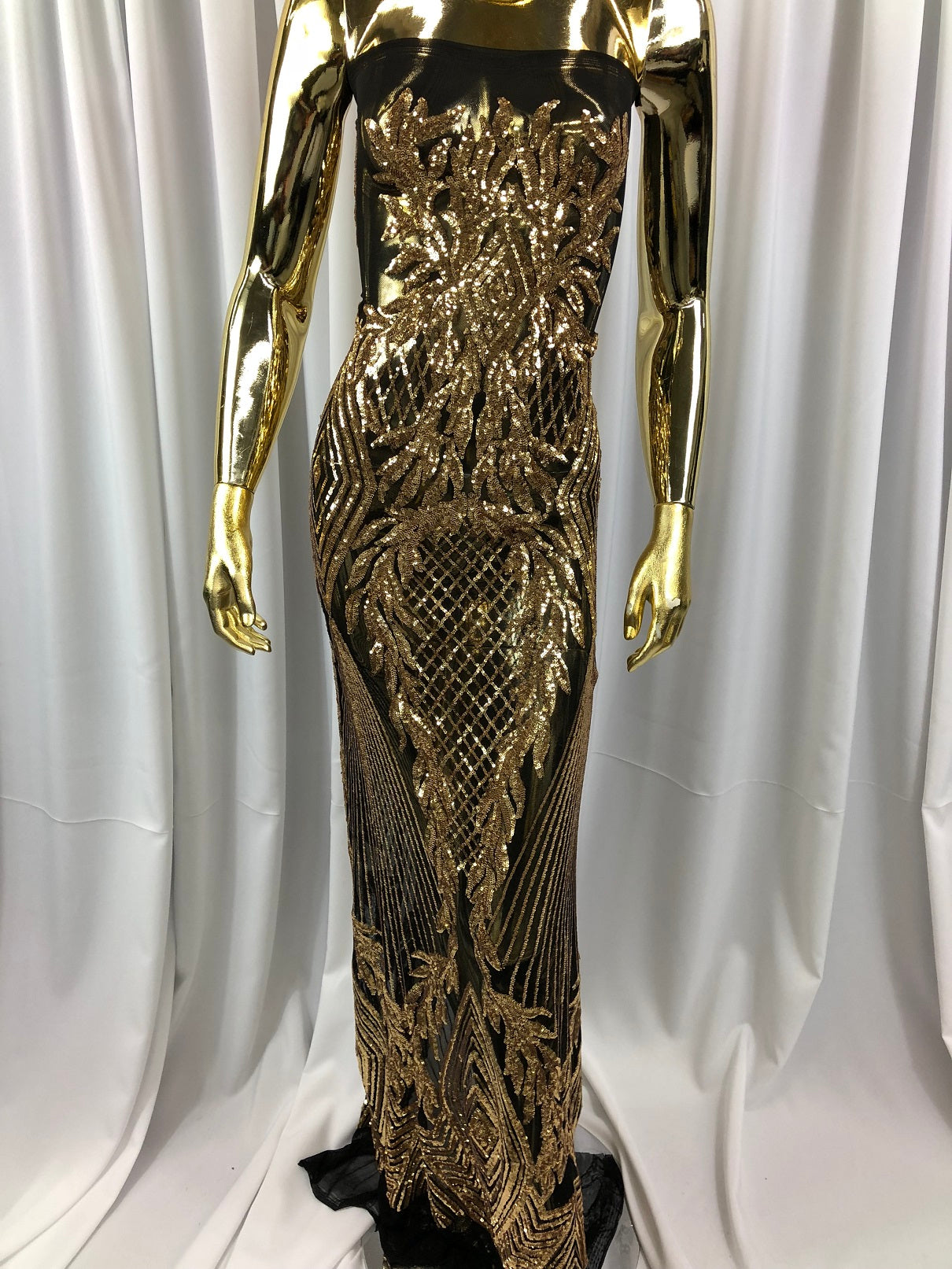 Sequins 4 Way Stretch Shiny Fabric with Triangle Net Pattern - Gold On Black Mesh - Sold by The Yard