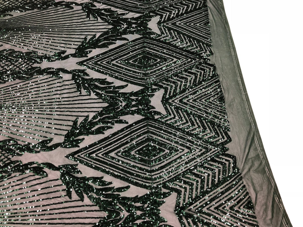 Sequins 4 Way Stretch Shiny Fabric with Triangle Net Pattern - Hunter Green - Sold by The Yard