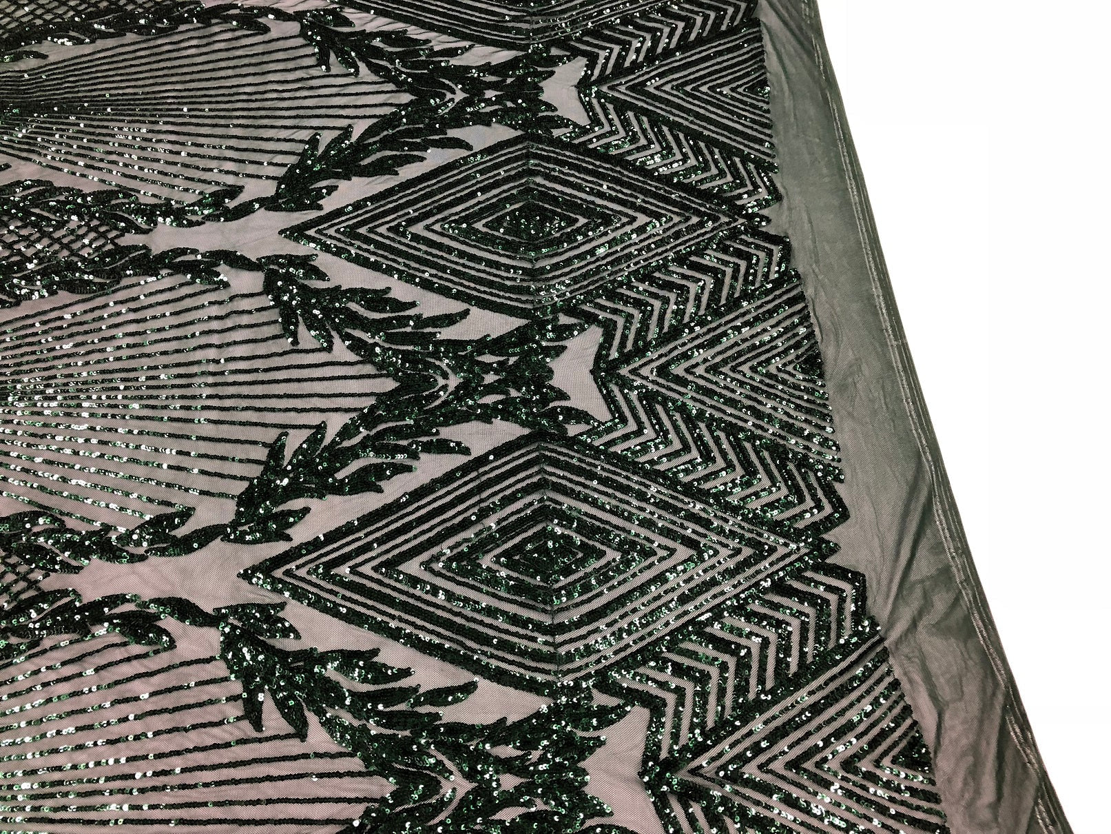 Sequins 4 Way Stretch Shiny Fabric with Triangle Net Pattern - Hunter Green - Sold by The Yard