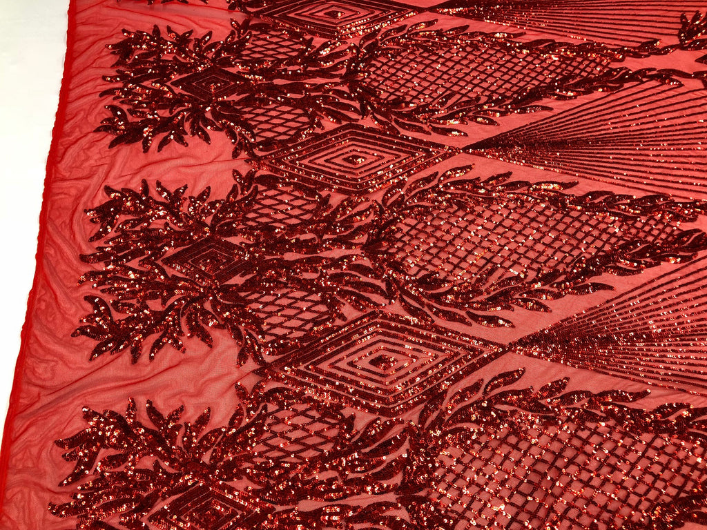 Sequins 4 Way Stretch Shiny Fabric with Triangle Net Pattern - Red - Fabric Sold by The Yard