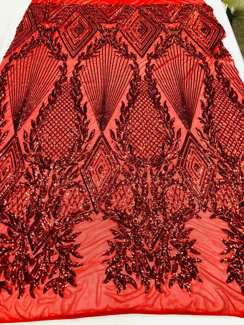 Sequins 4 Way Stretch Shiny Fabric with Triangle Net Pattern - Red - Fabric Sold by The Yard