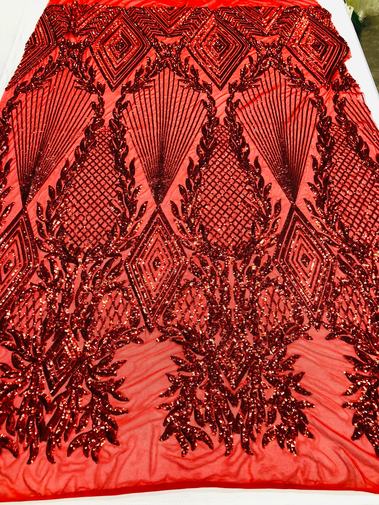 Sequins 4 Way Stretch Shiny Fabric with Triangle Net Pattern - Red - Fabric Sold by The Yard