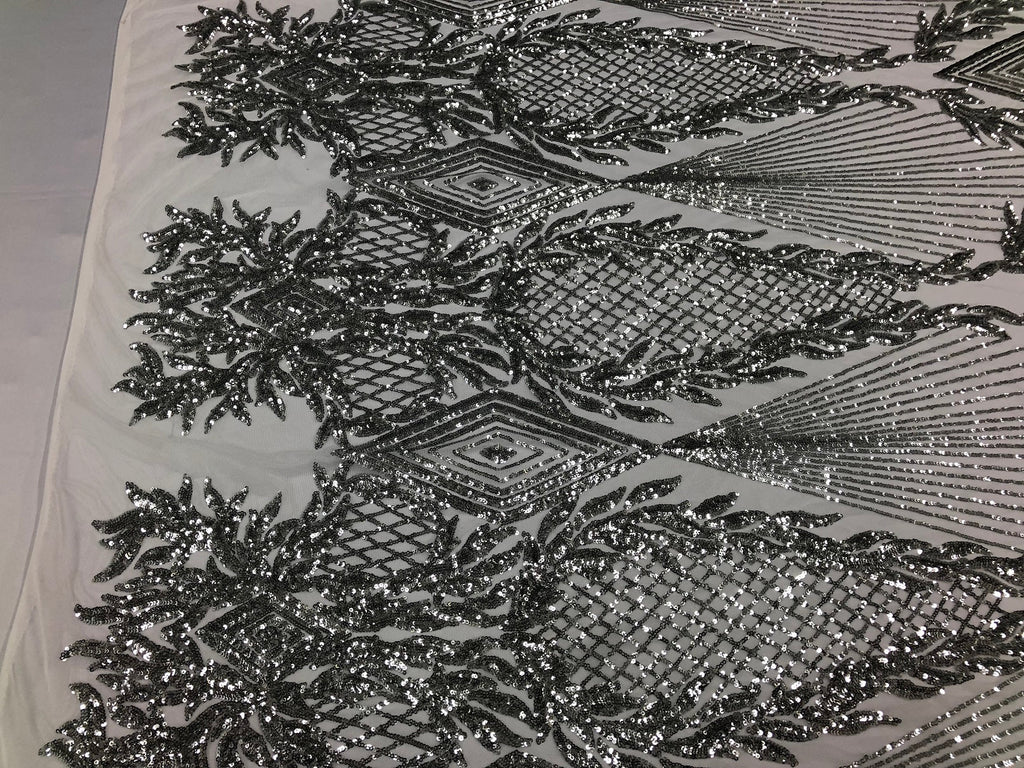 Sequins 4 Way Stretch Shiny Fabric with Triangle Net Pattern - Silver - Fabric Sold by The Yard