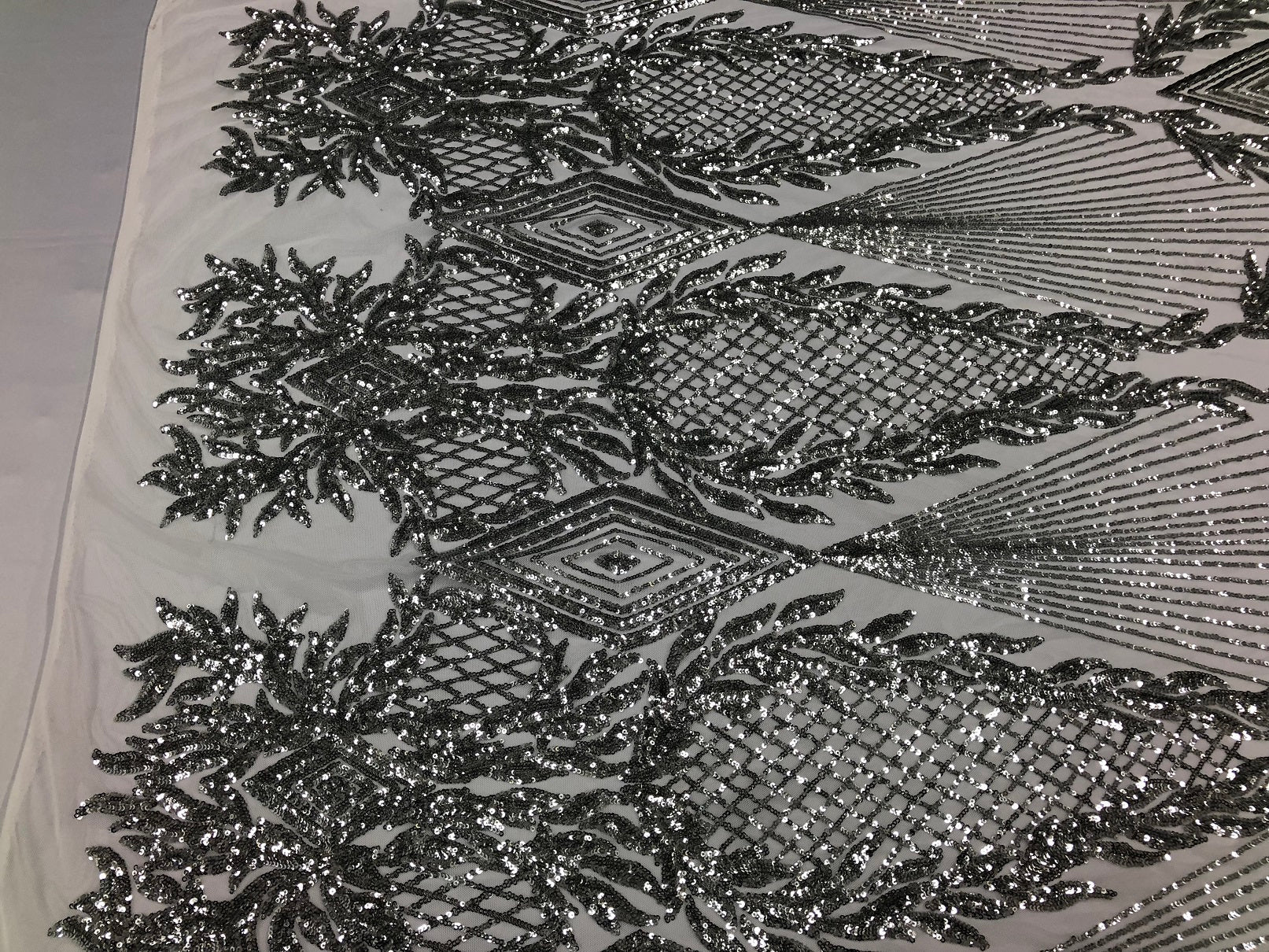 Sequins 4 Way Stretch Shiny Fabric with Triangle Net Pattern - Silver - Fabric Sold by The Yard