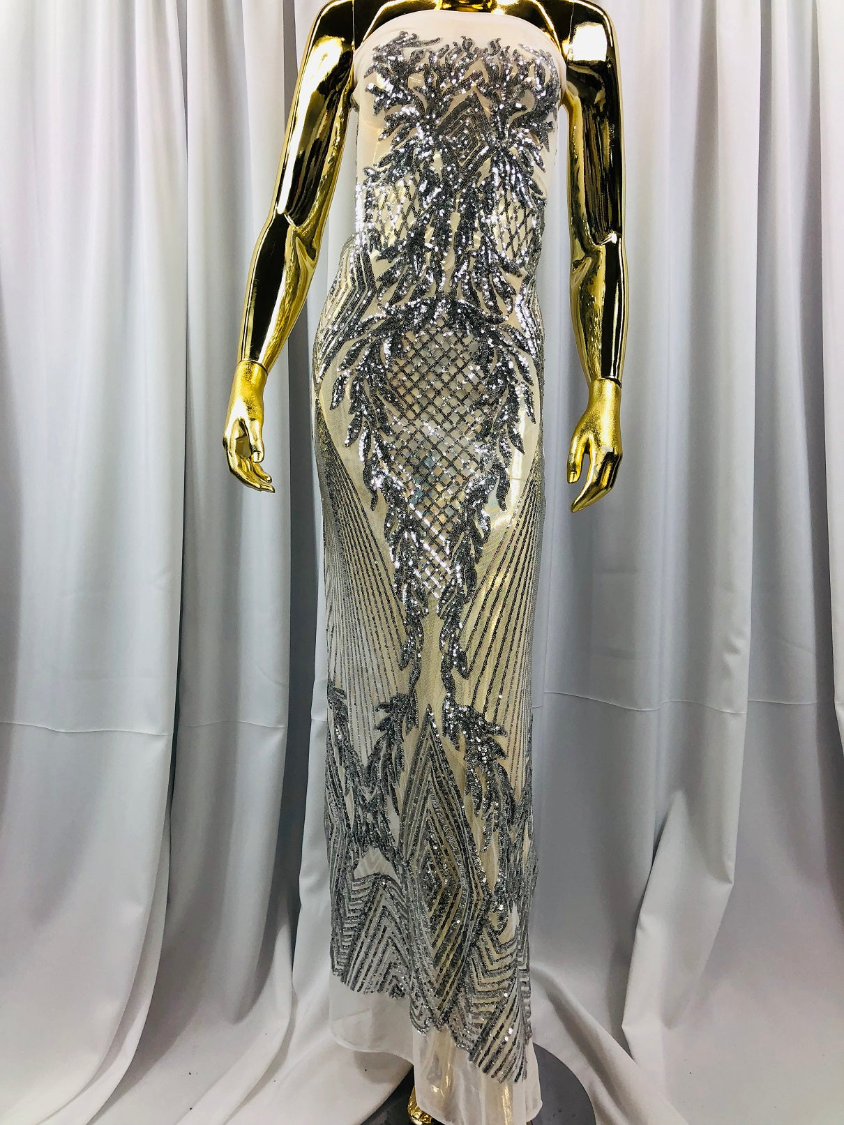 Sequins 4 Way Stretch Shiny Fabric with Triangle Net Pattern - Silver - Fabric Sold by The Yard