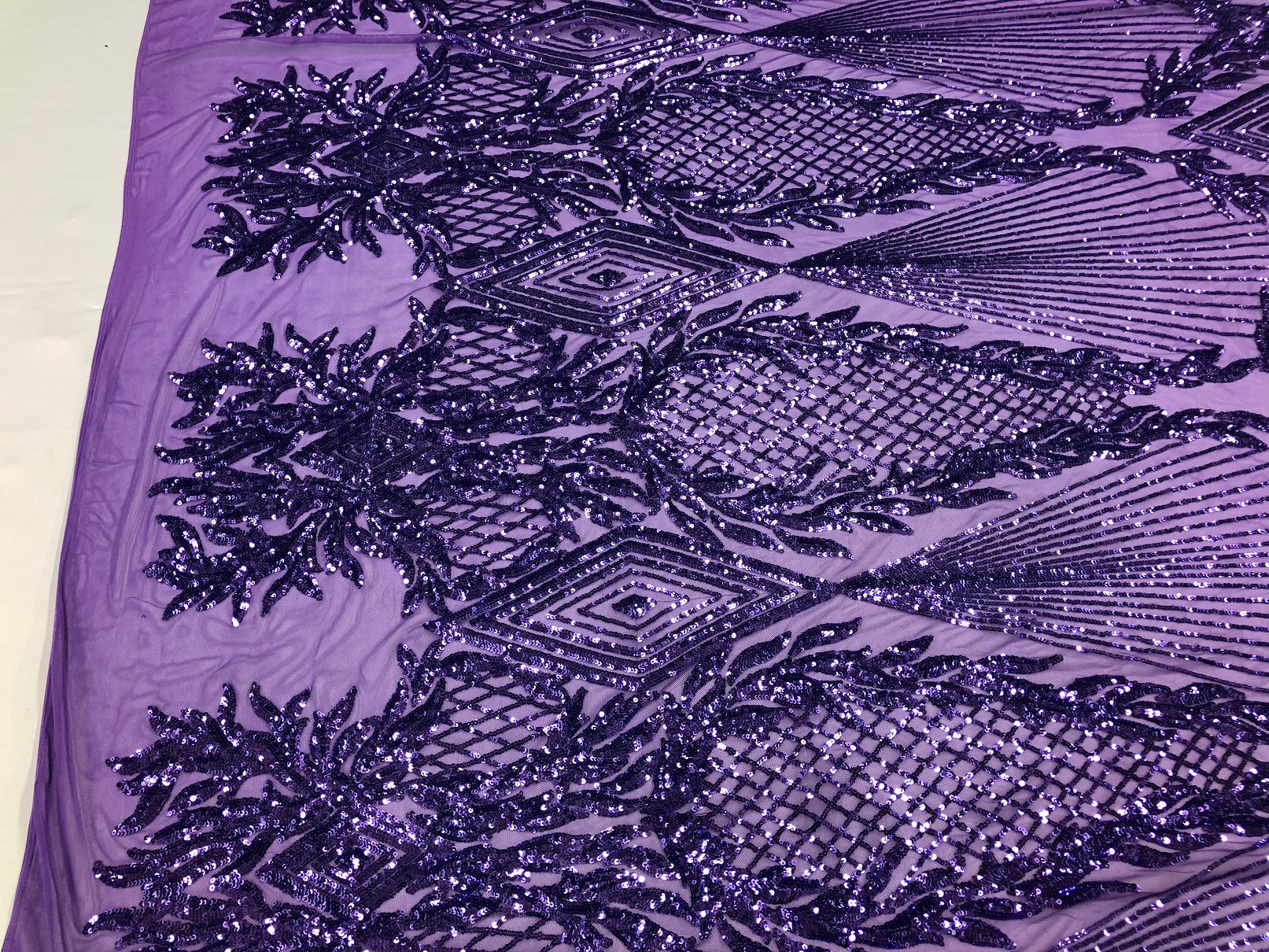 Sequins 4 Way Stretch Shiny Fabric with Triangle Net Pattern - Lilac - Fabric Sold 4 Yards 1/2