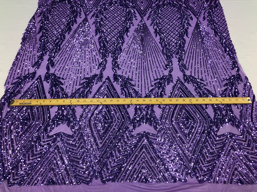 Sequins 4 Way Stretch Shiny Fabric with Triangle Net Pattern - Lilac - Fabric Sold by The Yard