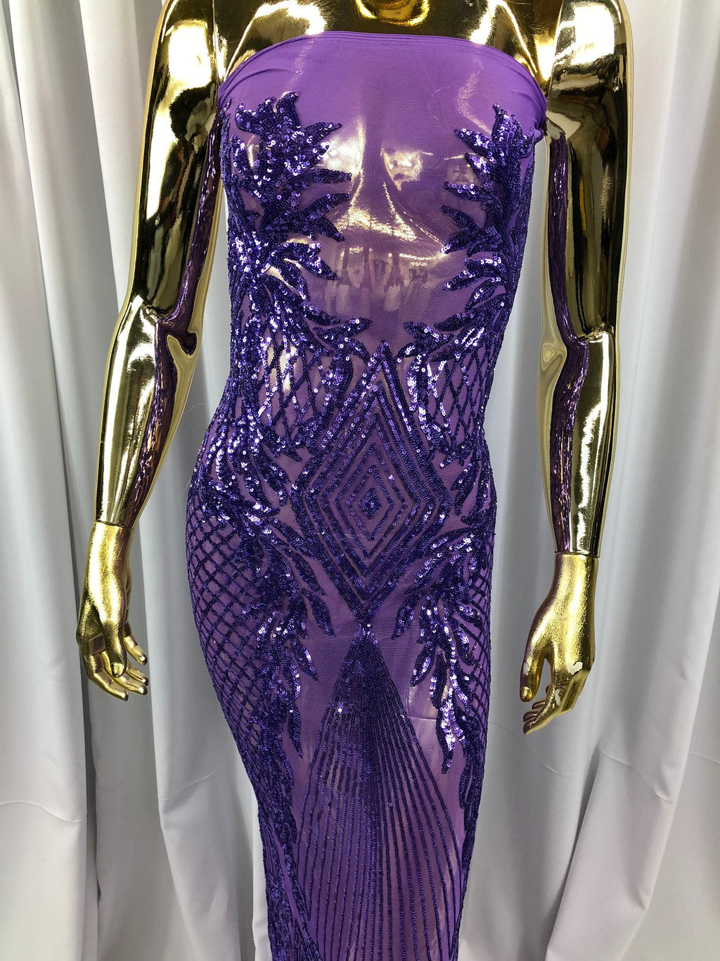Sequins 4 Way Stretch Shiny Fabric with Triangle Net Pattern - Lilac - Fabric Sold by The Yard