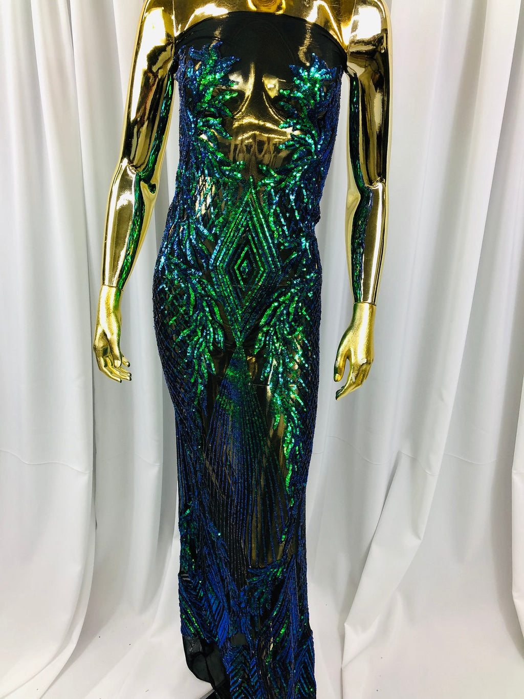 Sequins 4 Way Stretch Shiny Fabric with Triangle Net Pattern - Jade Blue Green - Sold by The Yard