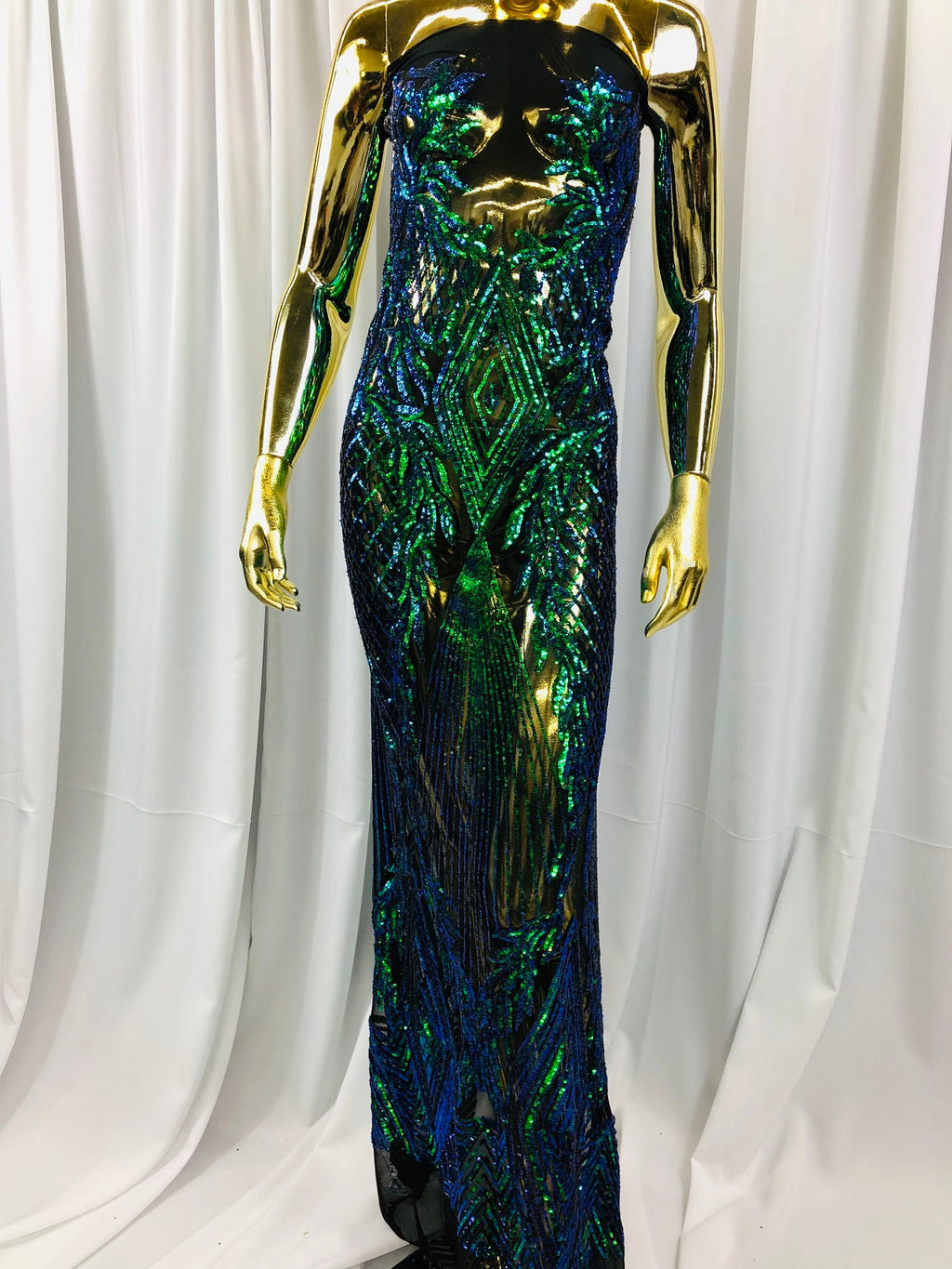 Sequins 4 Way Stretch Shiny Fabric with Triangle Net Pattern - Jade Blue Green - Sold by The Yard