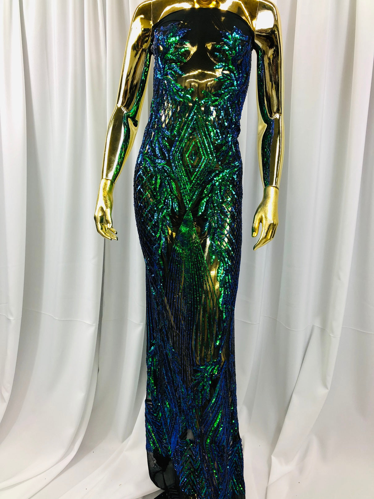Sequins 4 Way Stretch Shiny Fabric with Triangle Net Pattern - Jade Blue Green - Sold by The Yard