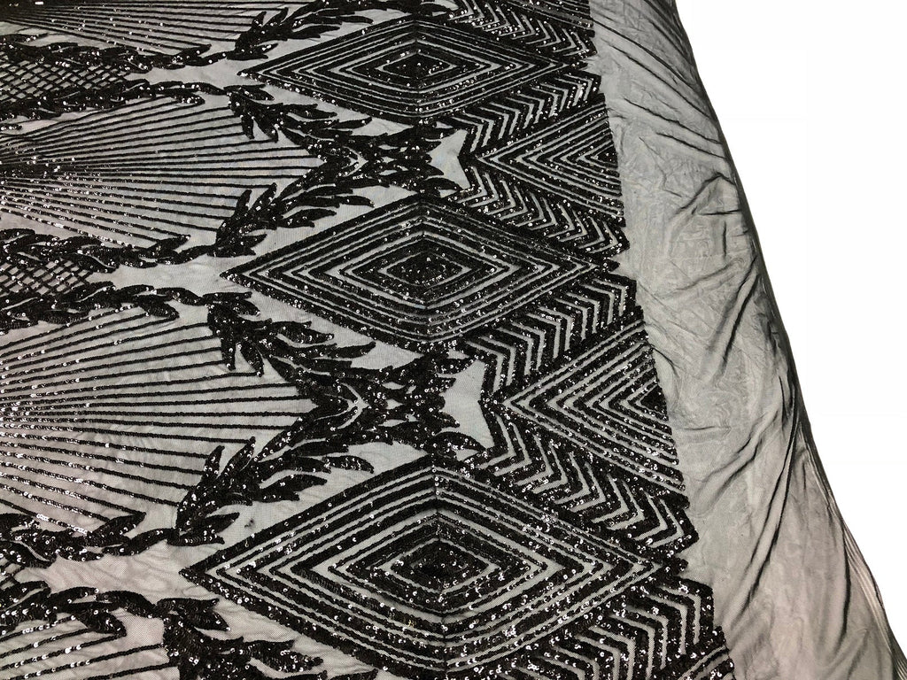 Sequins 4 Way Stretch Shiny Fabric with Triangle Net Pattern - Black -  Fabric Sold by The Yard