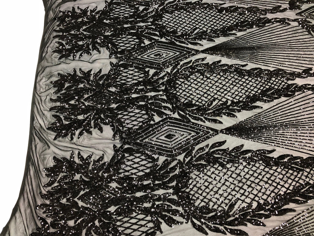 Sequins 4 Way Stretch Shiny Fabric with Triangle Net Pattern - Black -  Fabric Sold by The Yard