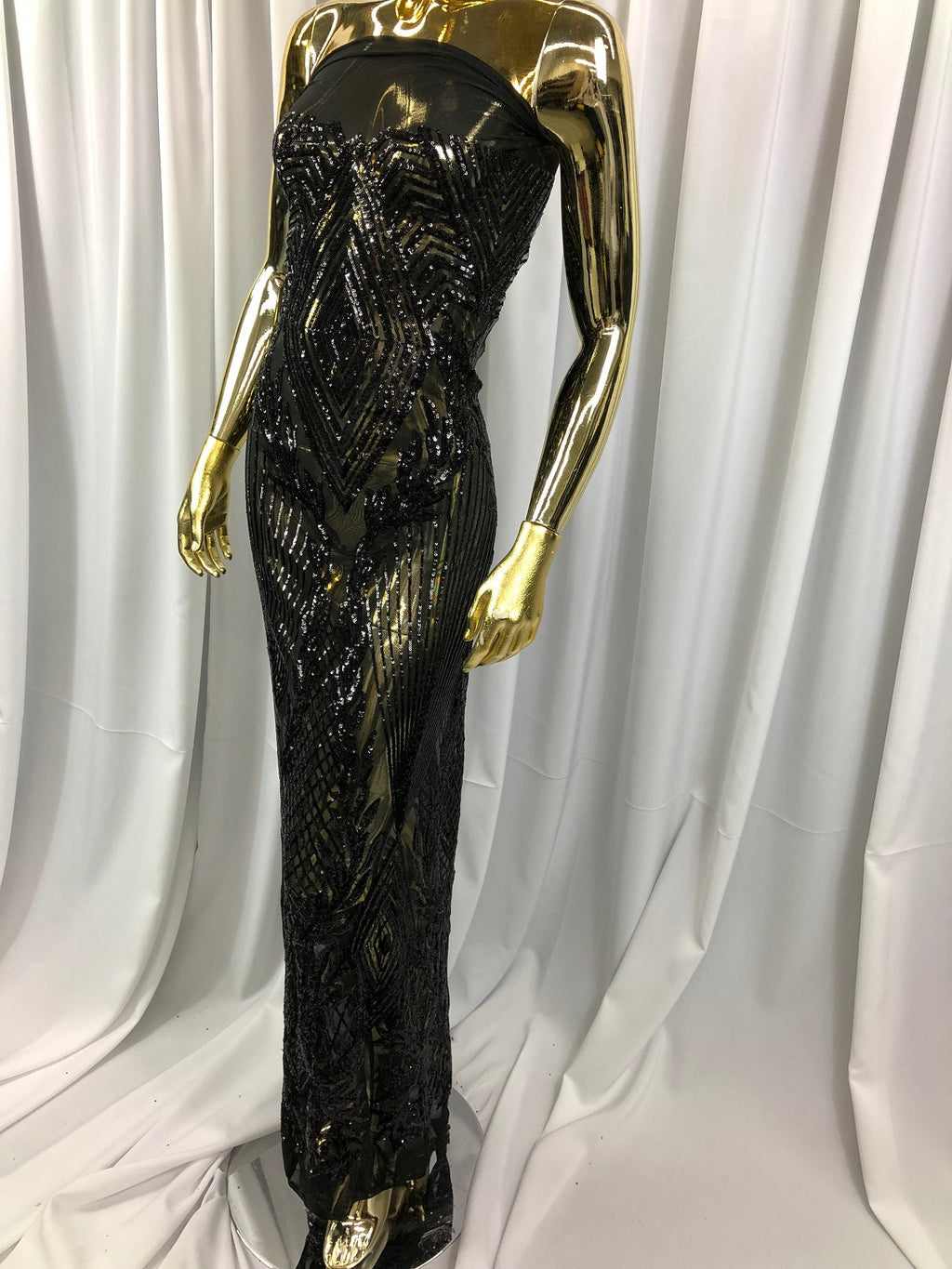 Sequins 4 Way Stretch Shiny Fabric with Triangle Net Pattern - Black -  Fabric Sold by The Yard