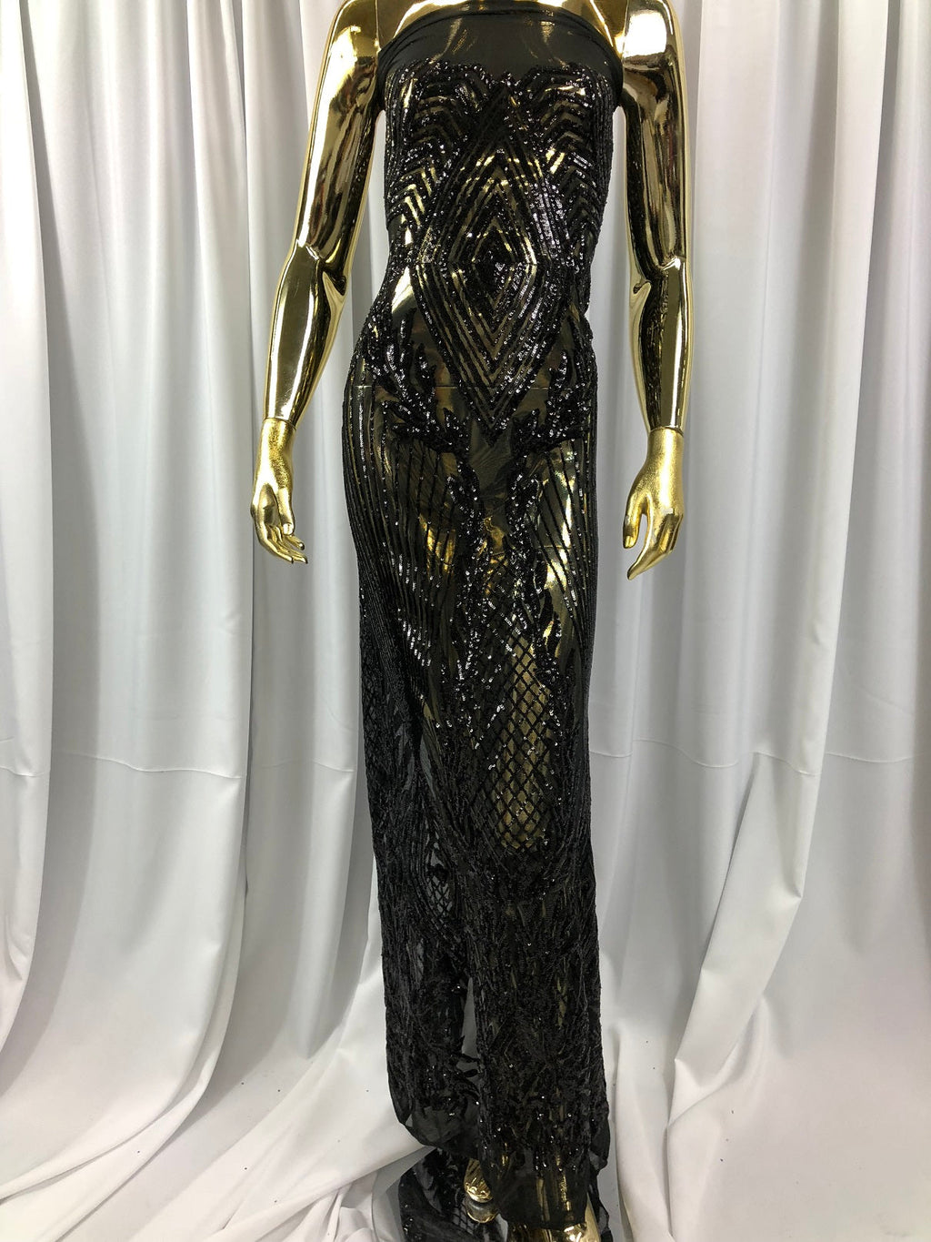 Sequins 4 Way Stretch Shiny Fabric with Triangle Net Pattern - Black -  Fabric Sold by The Yard