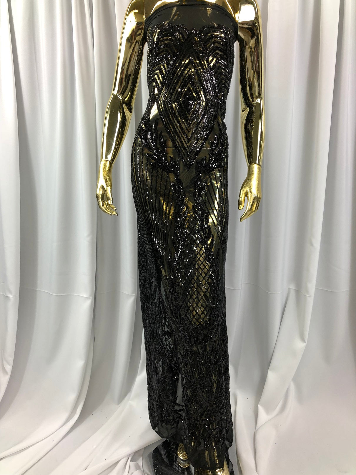 Sequins 4 Way Stretch Shiny Fabric with Triangle Net Pattern - Black -  Fabric Sold by The Yard
