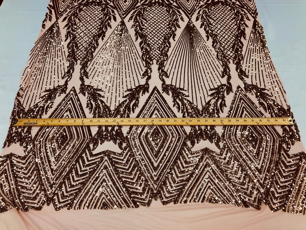 Sequins 4 Way Stretch Shiny Fabric with Triangle Net Pattern - Dusty Rose - Fabric Sold by The Yard