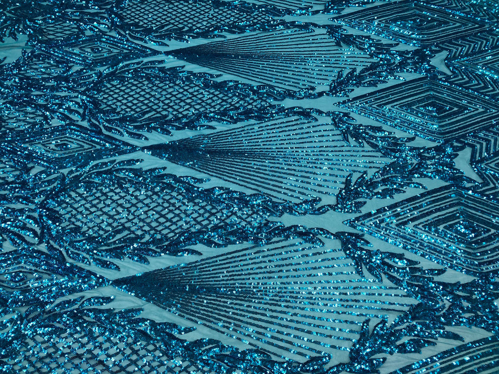 Sequins 4 Way Stretch Shiny Fabric with Triangle Net Pattern - Turquoise  - Fabric Sold by The Yard