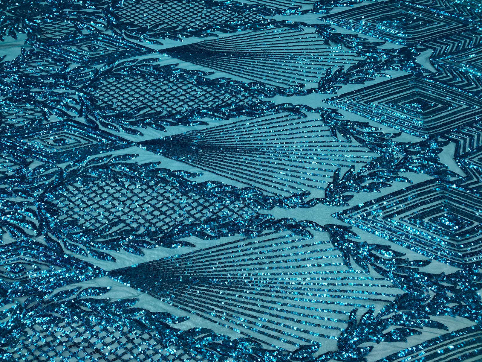 Sequins 4 Way Stretch Shiny Fabric with Triangle Net Pattern - Turquoise  - Fabric Sold by The Yard