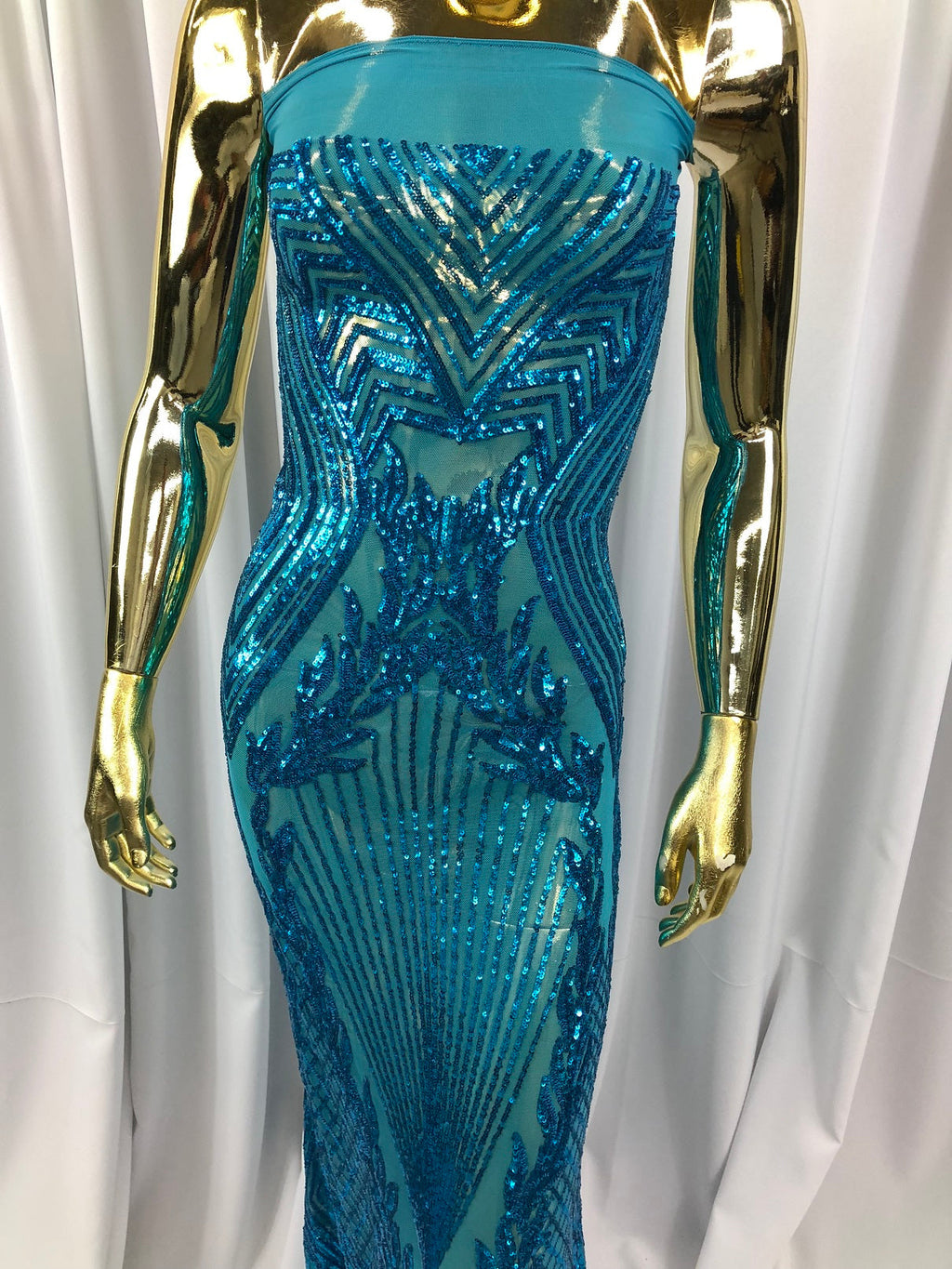 Sequins 4 Way Stretch Shiny Fabric with Triangle Net Pattern - Turquoise  - Fabric Sold by The Yard
