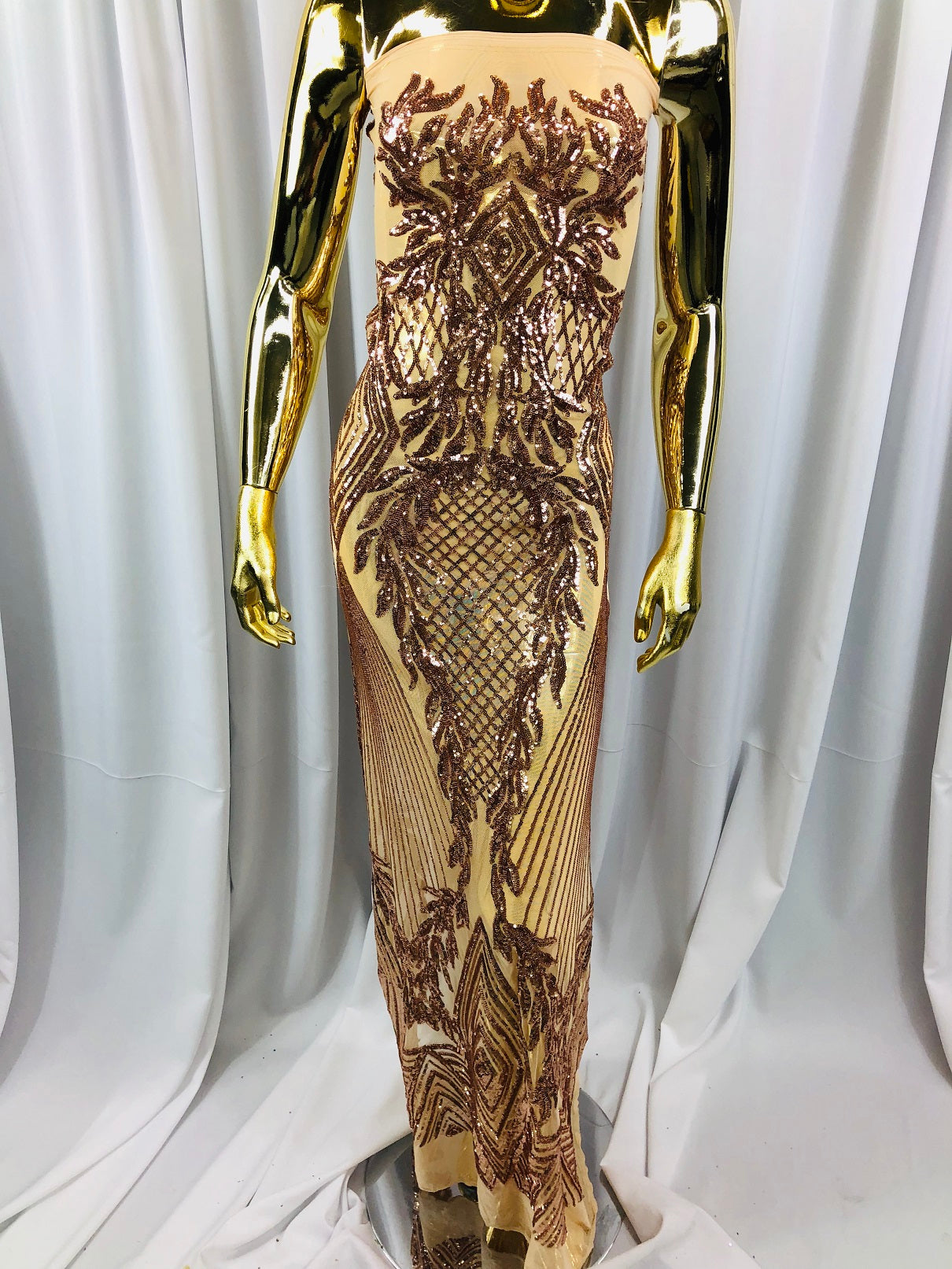 Sequins 4 Way Stretch Shiny Fabric with Triangle Net Pattern - Khaki  - Fabric Sold by The Yard