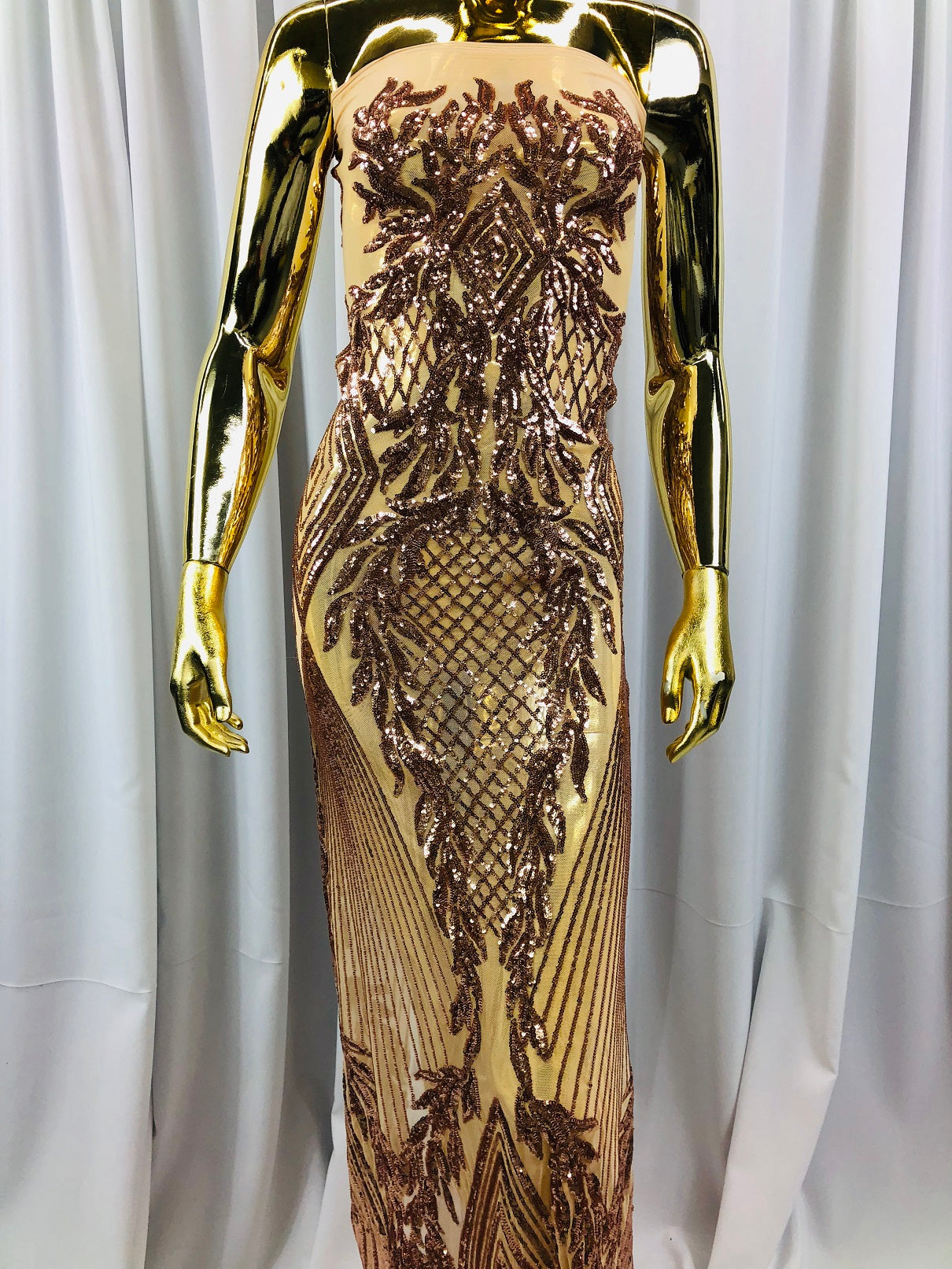 Sequins 4 Way Stretch Shiny Fabric with Triangle Net Pattern - Khaki  - Fabric Sold by The Yard