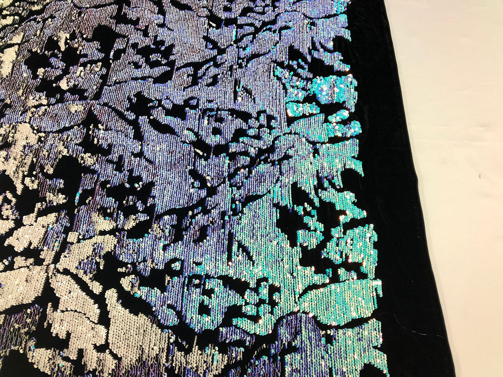Velvet 4 Way Stretch Shiny Irreversible Sequins Fabric - Iridescent Aqua/White on Black Velvet