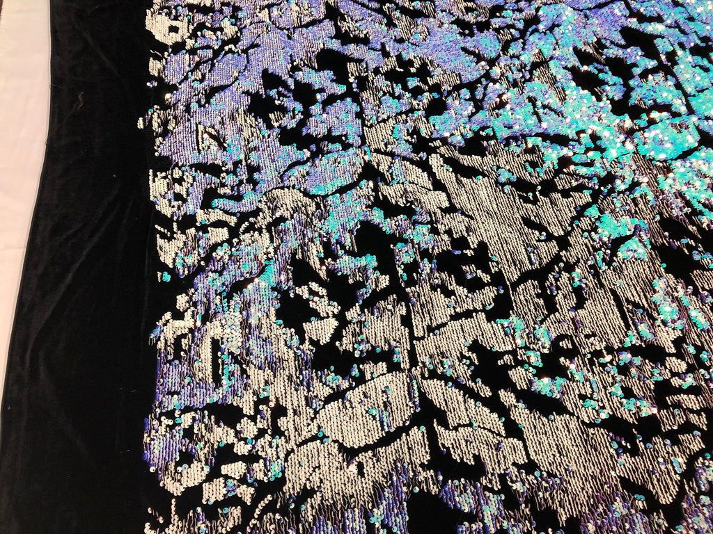 Velvet 4 Way Stretch Shiny Irreversible Sequins Fabric - Iridescent Aqua/White on Black Velvet