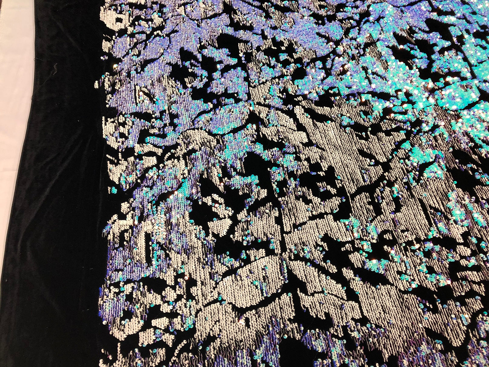 Velvet 4 Way Stretch Shiny Irreversible Sequins Fabric - Iridescent Aqua/White on Black Velvet