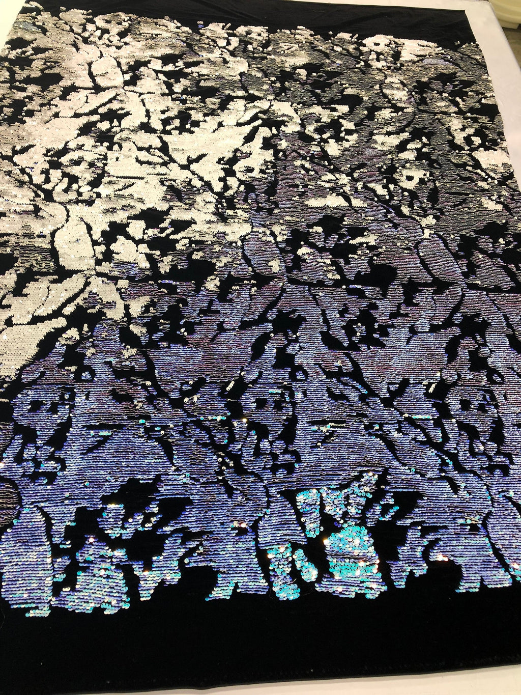 Velvet 4 Way Stretch Shiny Irreversible Sequins Fabric - Iridescent Aqua/White on Black Velvet
