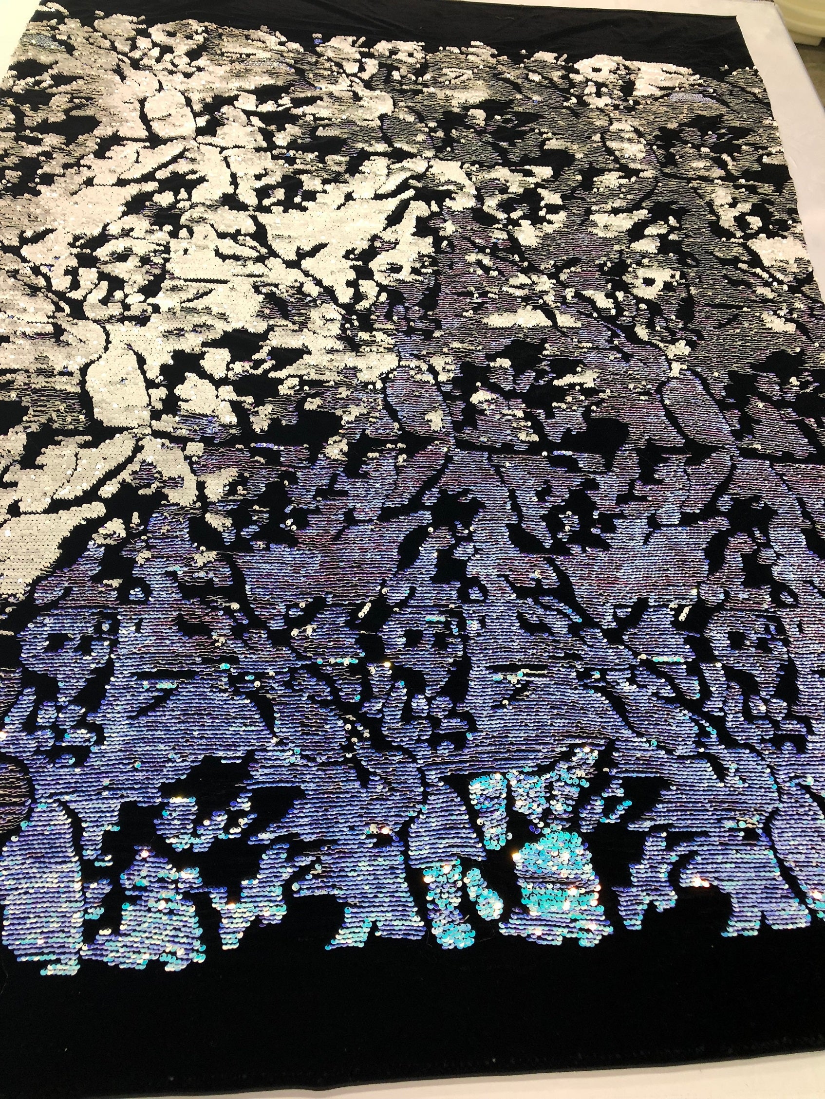 Velvet 4 Way Stretch Shiny Irreversible Sequins Fabric - Iridescent Aqua/White on Black Velvet