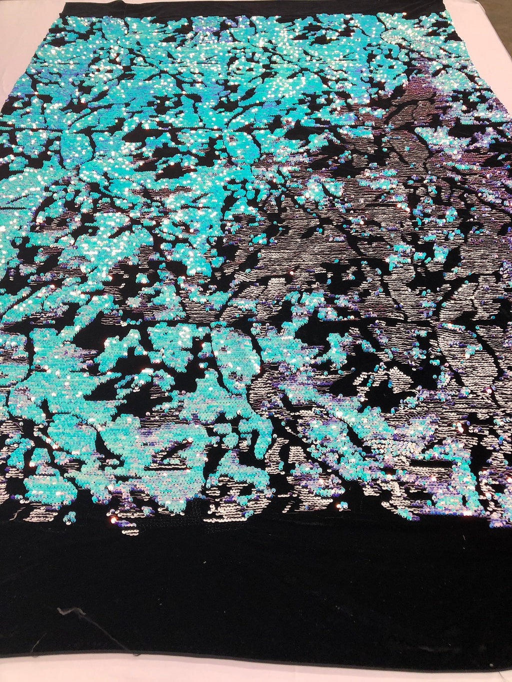 Velvet 4 Way Stretch Shiny Irreversible Sequins Fabric - Iridescent Aqua/White on Black Velvet