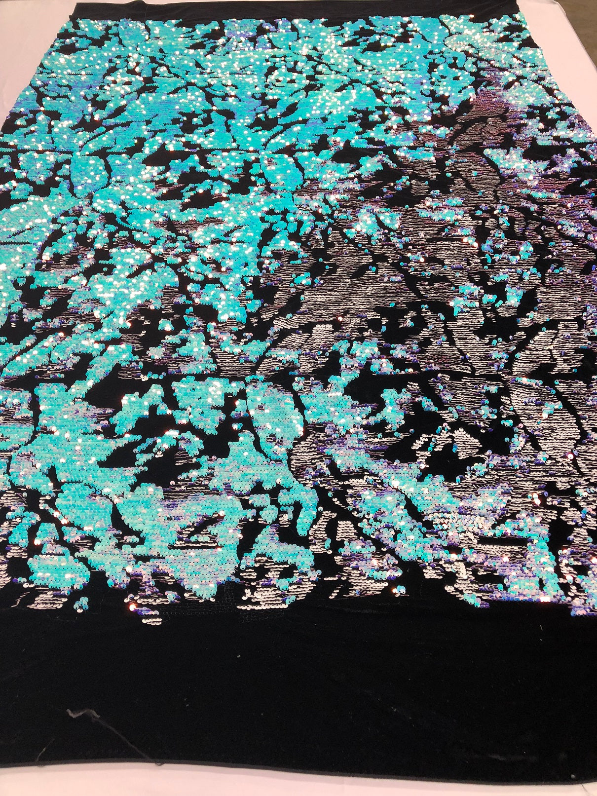 Velvet 4 Way Stretch Shiny Irreversible Sequins Fabric - Iridescent Aqua/White on Black Velvet