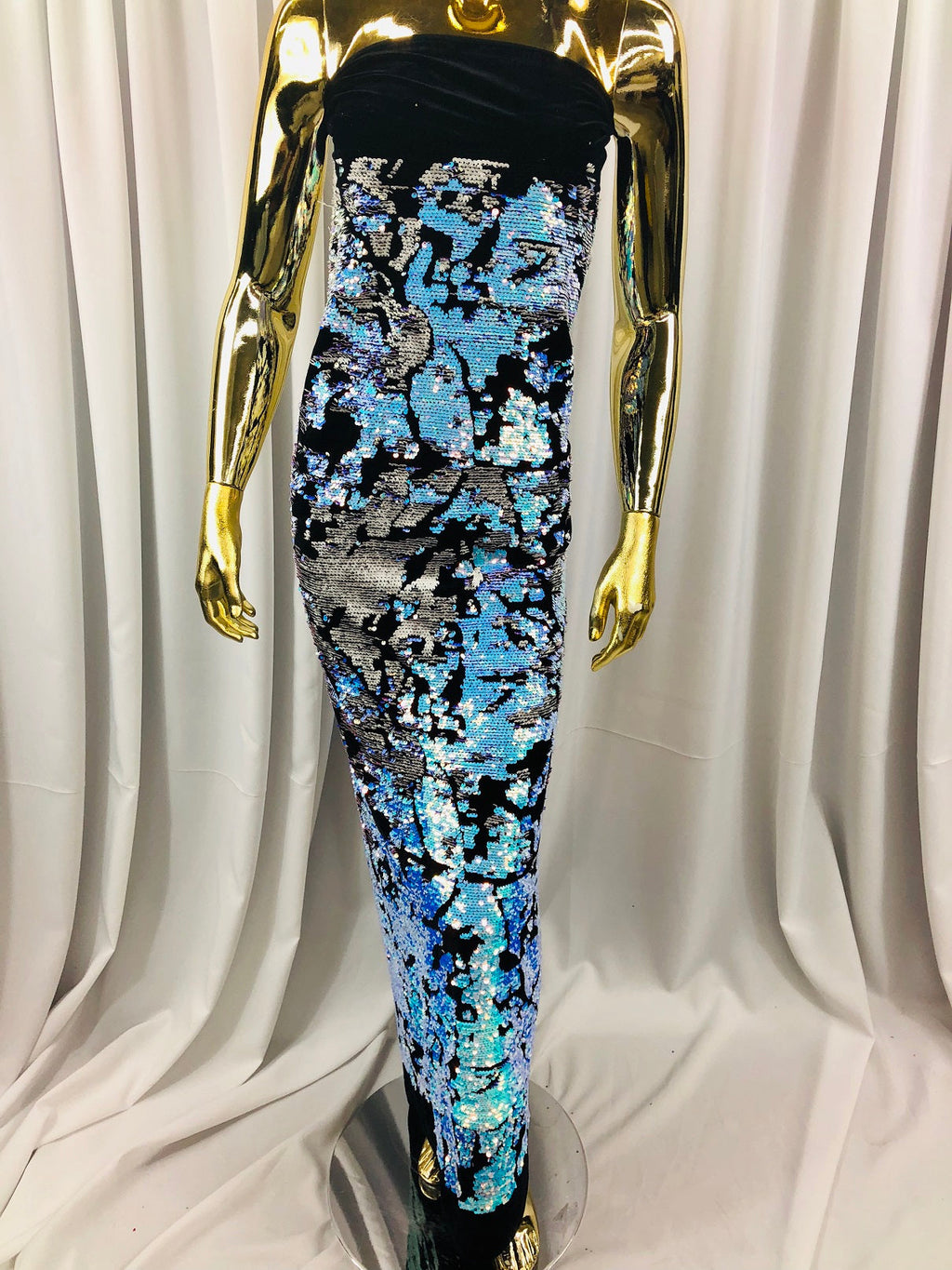 Velvet 4 Way Stretch Shiny Irreversible Sequins Fabric - Iridescent Aqua/White on Black Velvet