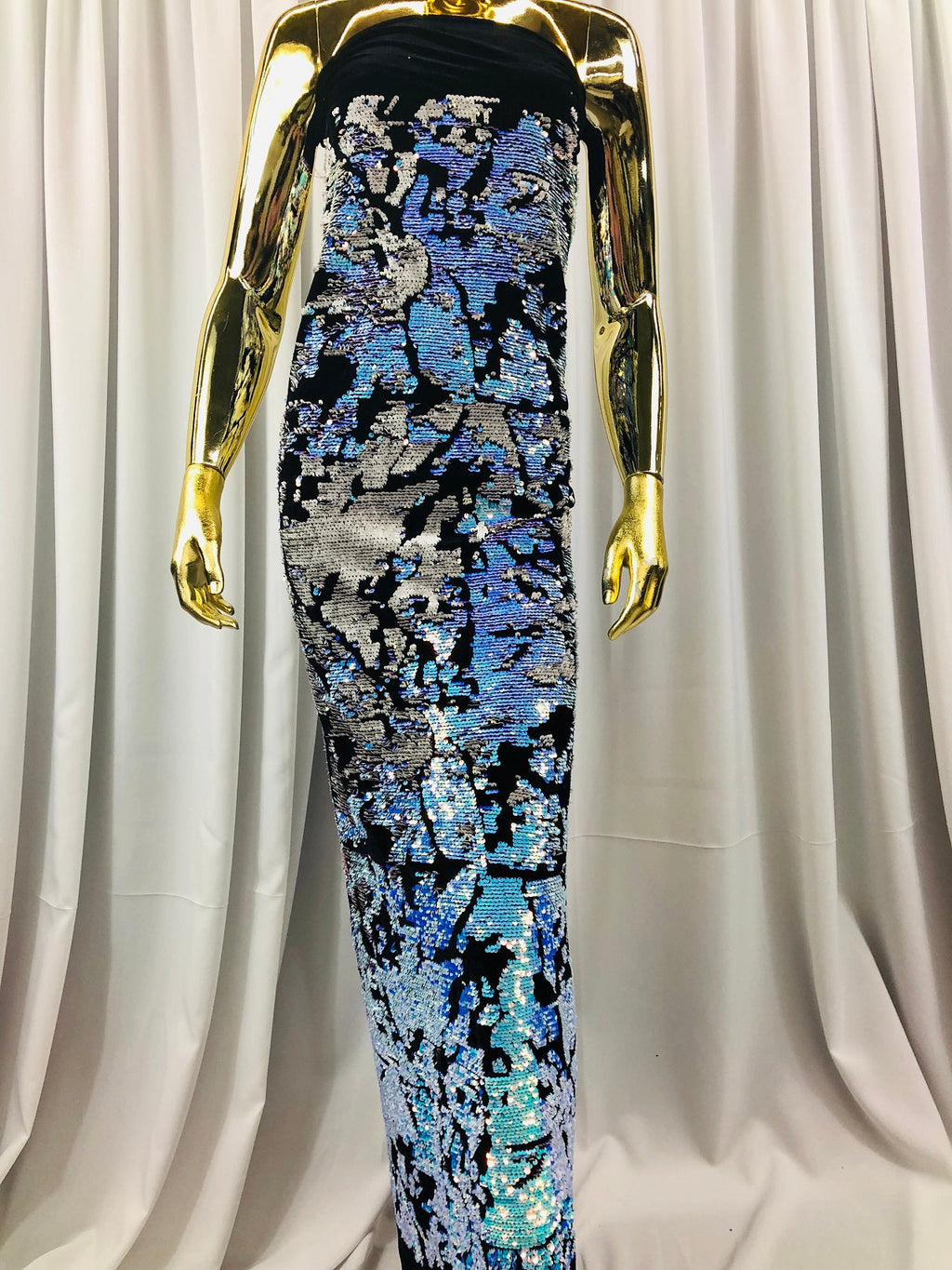 Velvet 4 Way Stretch Shiny Irreversible Sequins Fabric - Iridescent Aqua/White on Black Velvet