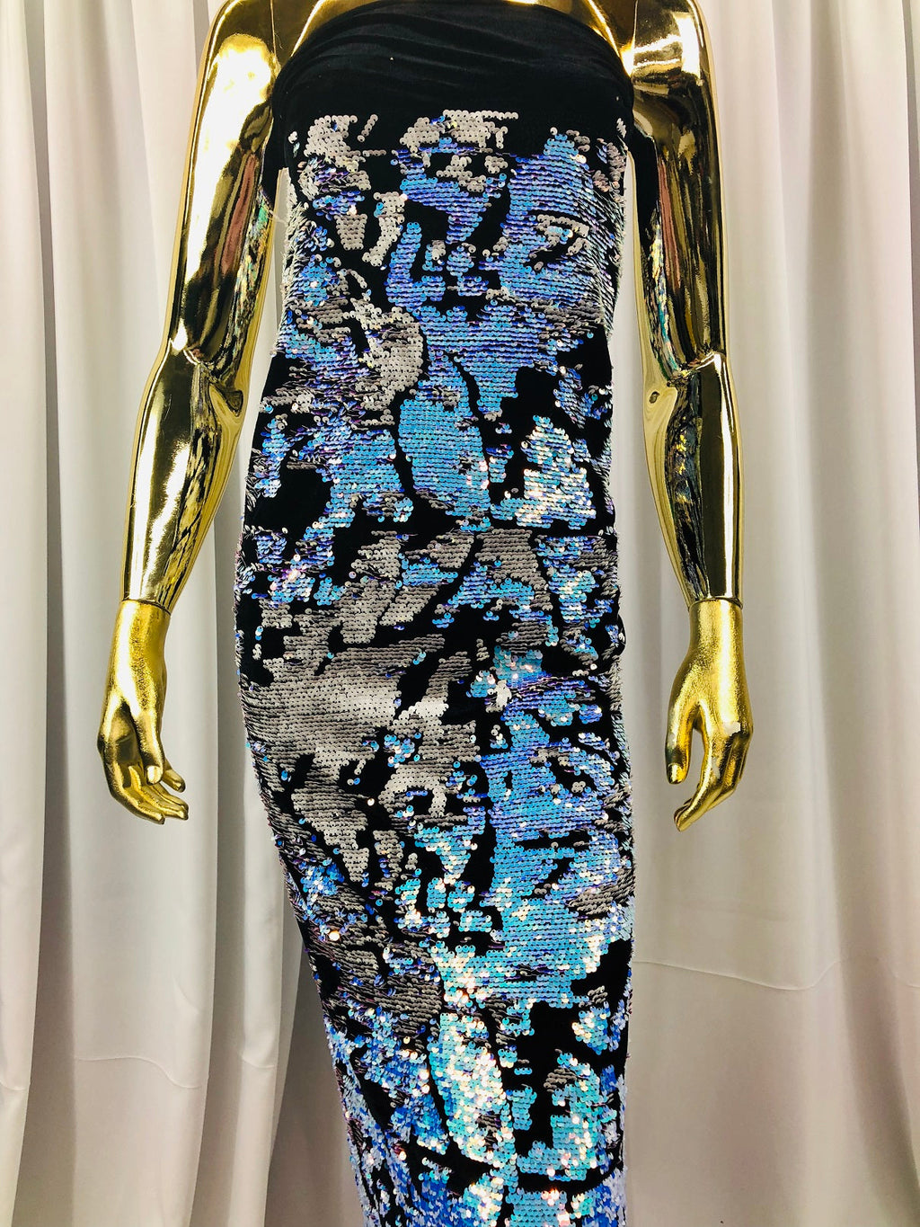 Velvet 4 Way Stretch Shiny Irreversible Sequins Fabric - Iridescent Aqua/White on Black Velvet