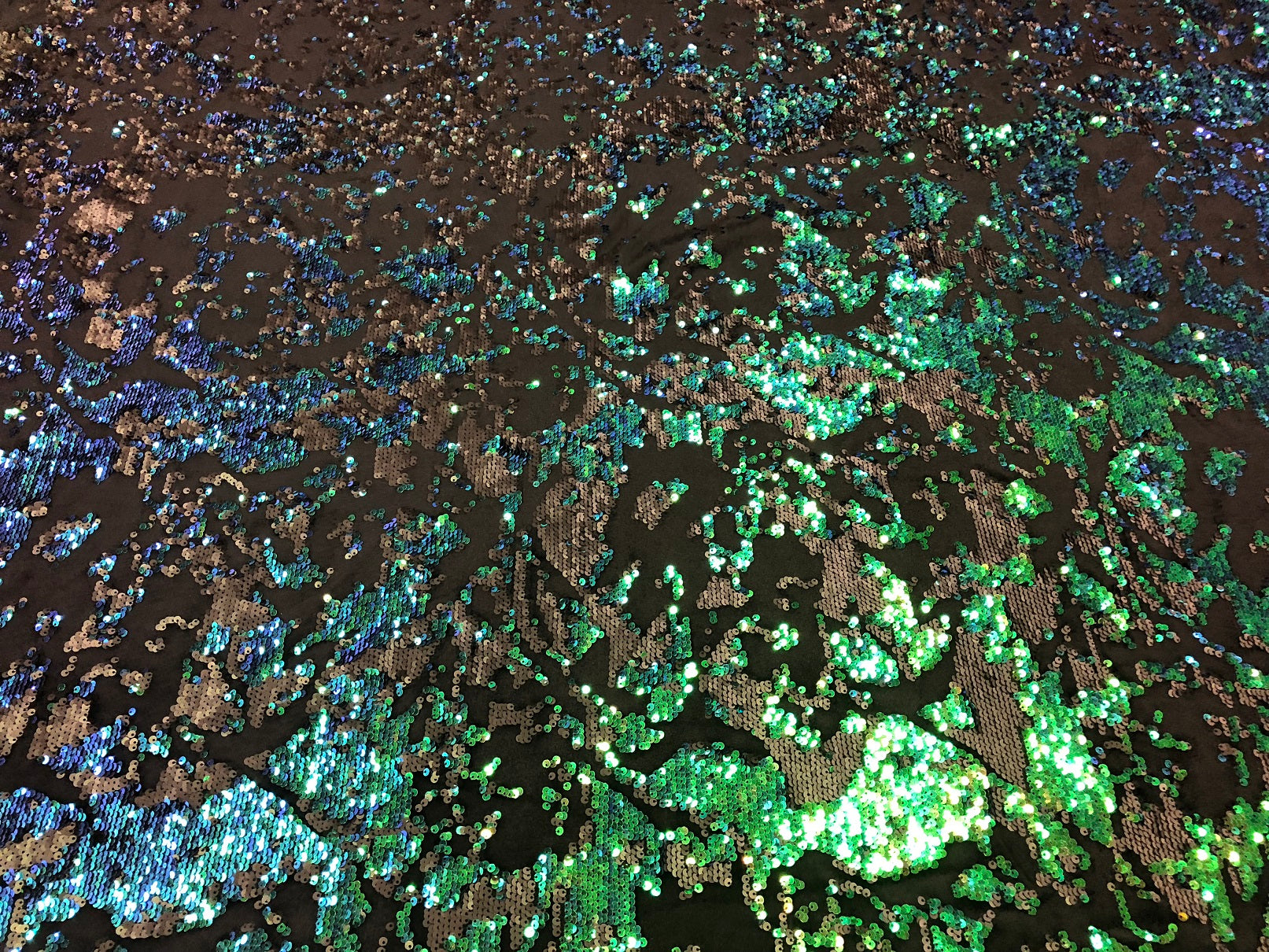 Velvet 4 Way Stretch Shiny Irreversible Sequins Fabric - Jade Blue Green with Matte Black Sequins
