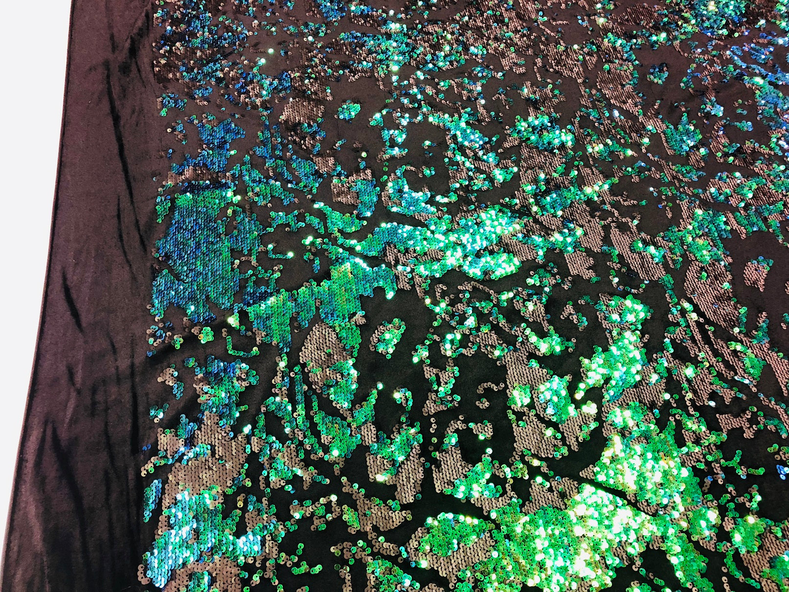 Velvet 4 Way Stretch Shiny Irreversible Sequins Fabric - Jade Blue Green with Matte Black Sequins