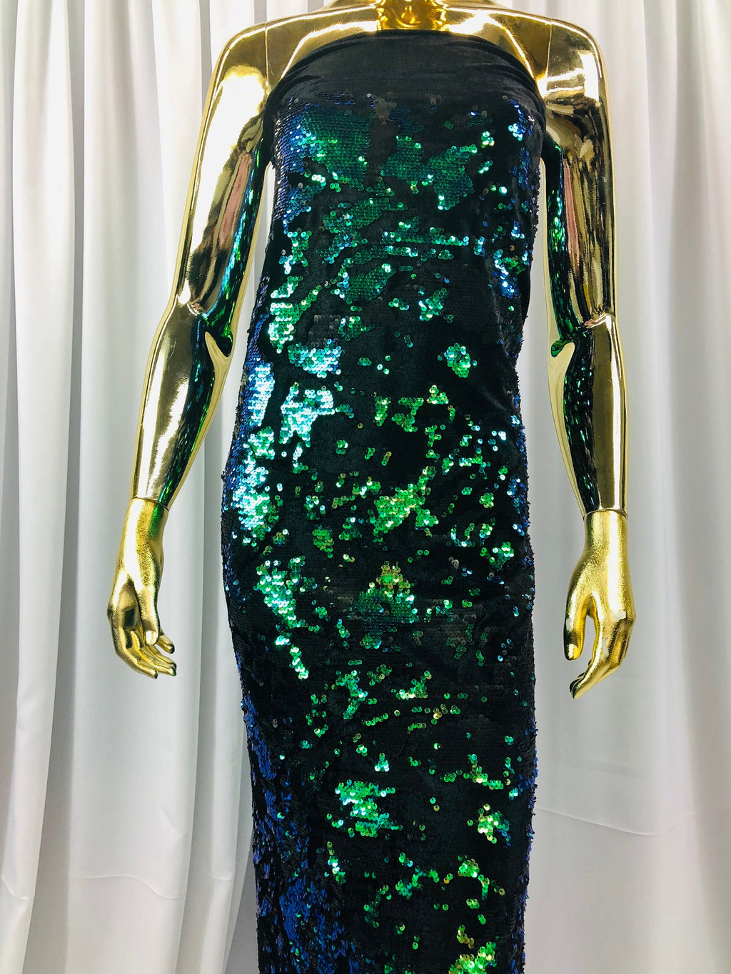 Velvet 4 Way Stretch Shiny Irreversible Sequins Fabric - Jade Blue Green with Matte Black Sequins