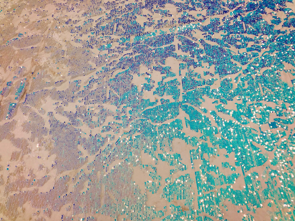 Velvet 4 Way Stretch Shiny Irreversible Sequins Fabric - Iridescent Aqua/White Ivory Velvet