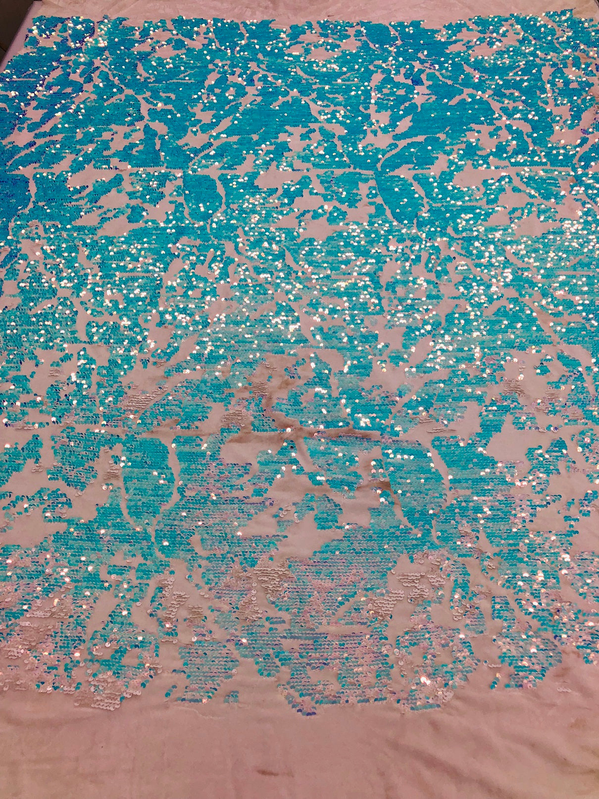Velvet 4 Way Stretch Shiny Irreversible Sequins Fabric - Iridescent Aqua/White Ivory Velvet