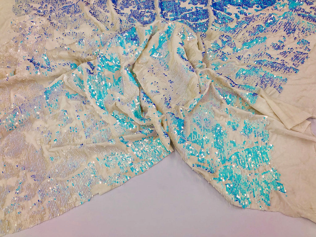 Velvet 4 Way Stretch Shiny Irreversible Sequins Fabric - Iridescent Aqua/White Ivory Velvet