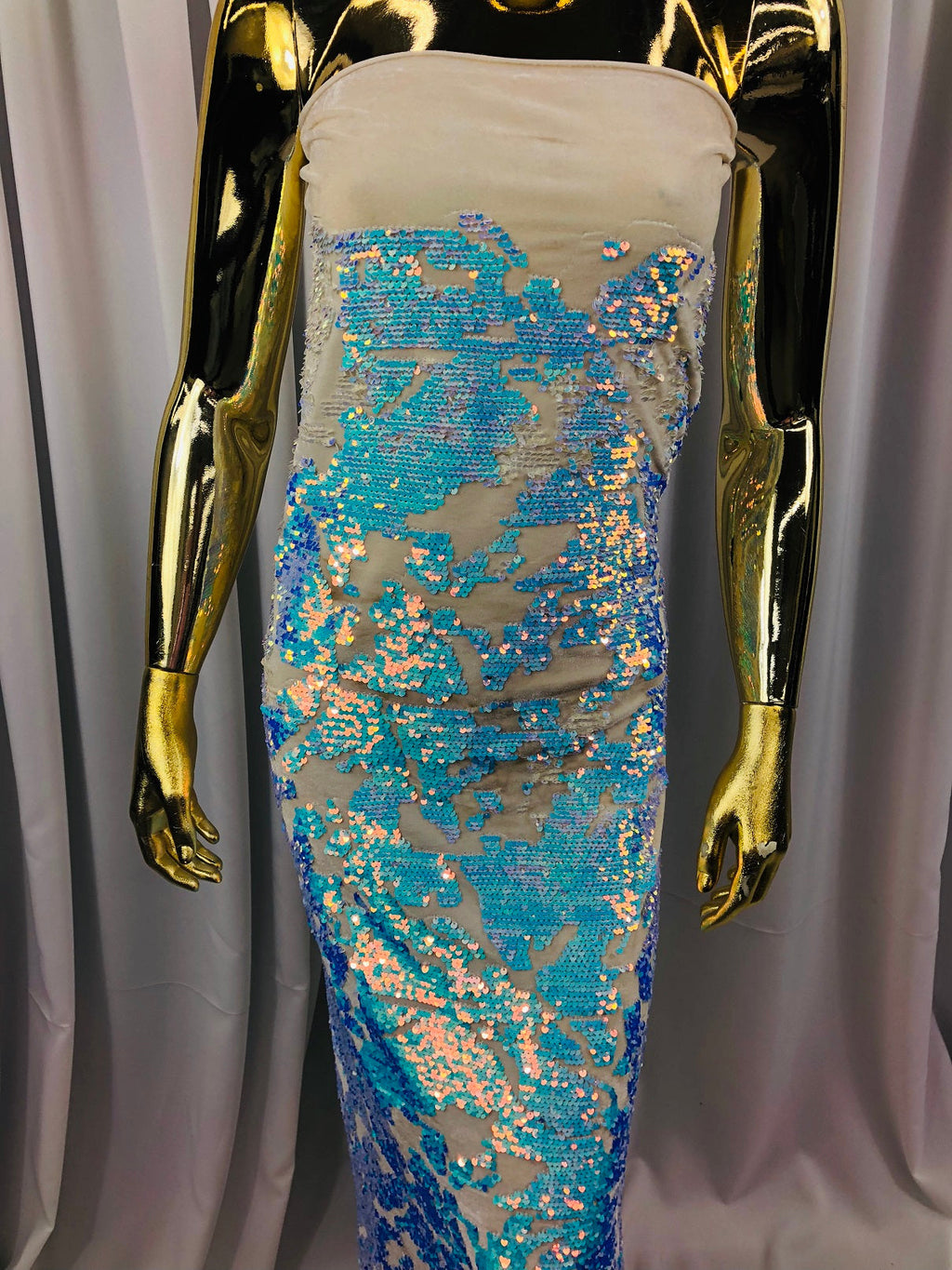 Velvet 4 Way Stretch Shiny Irreversible Sequins Fabric - Iridescent Aqua/White Ivory Velvet