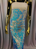 Velvet 4 Way Stretch Shiny Irreversible Sequins Fabric - Iridescent Aqua/White Ivory Velvet